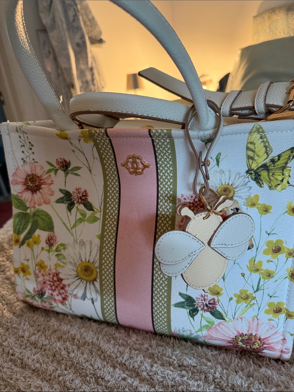 Floral Canvas Tote Bag with Pink Stripe and Bee Charm